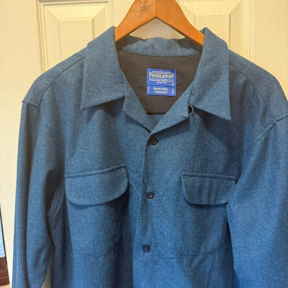 VNTG Pendleton Men L Blue Solid Wool Original Board Shirt Flannel Button Up Fall - Picture 5 of 14